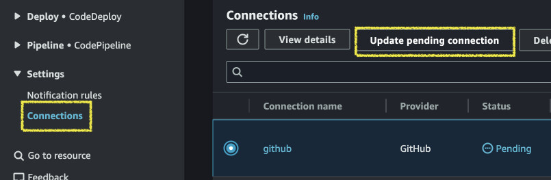 Select Settings and Update pending connection