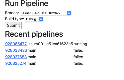 Form for running the pipeline