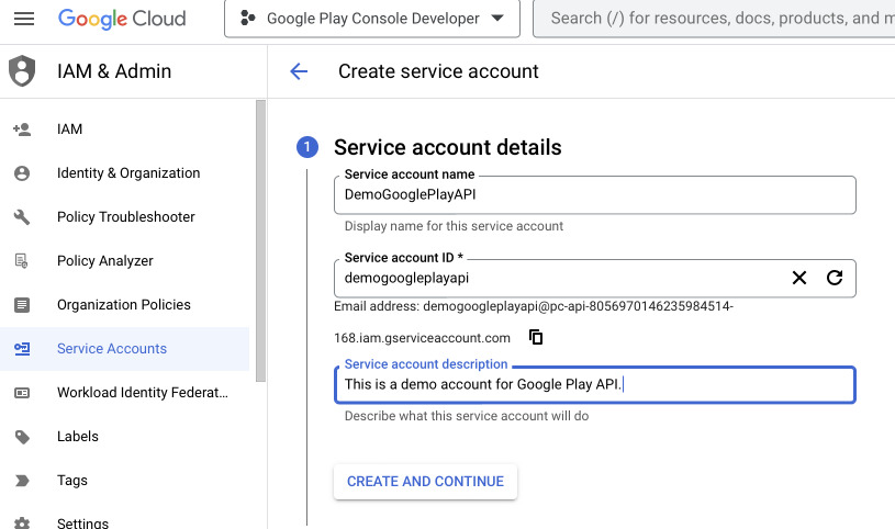 Creating service acc